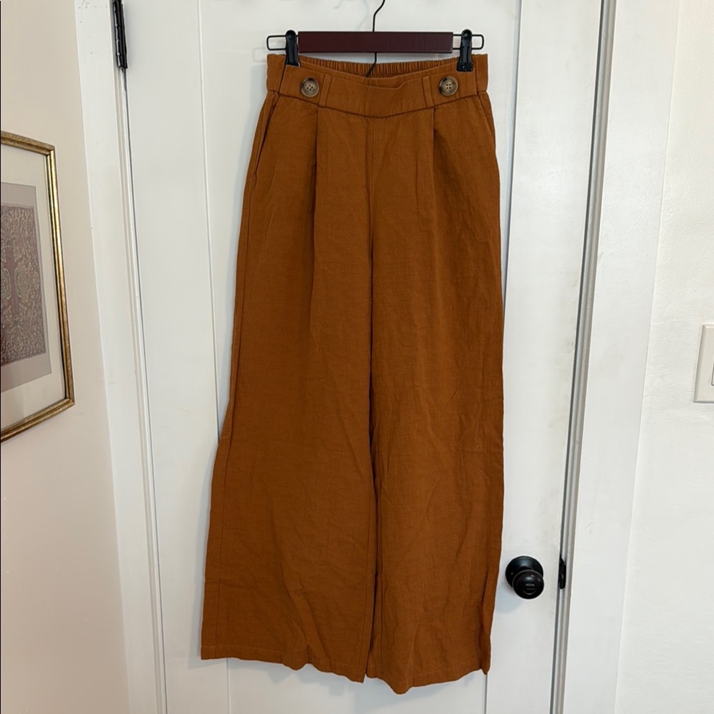 Rust Wide-Leg Linen Pants